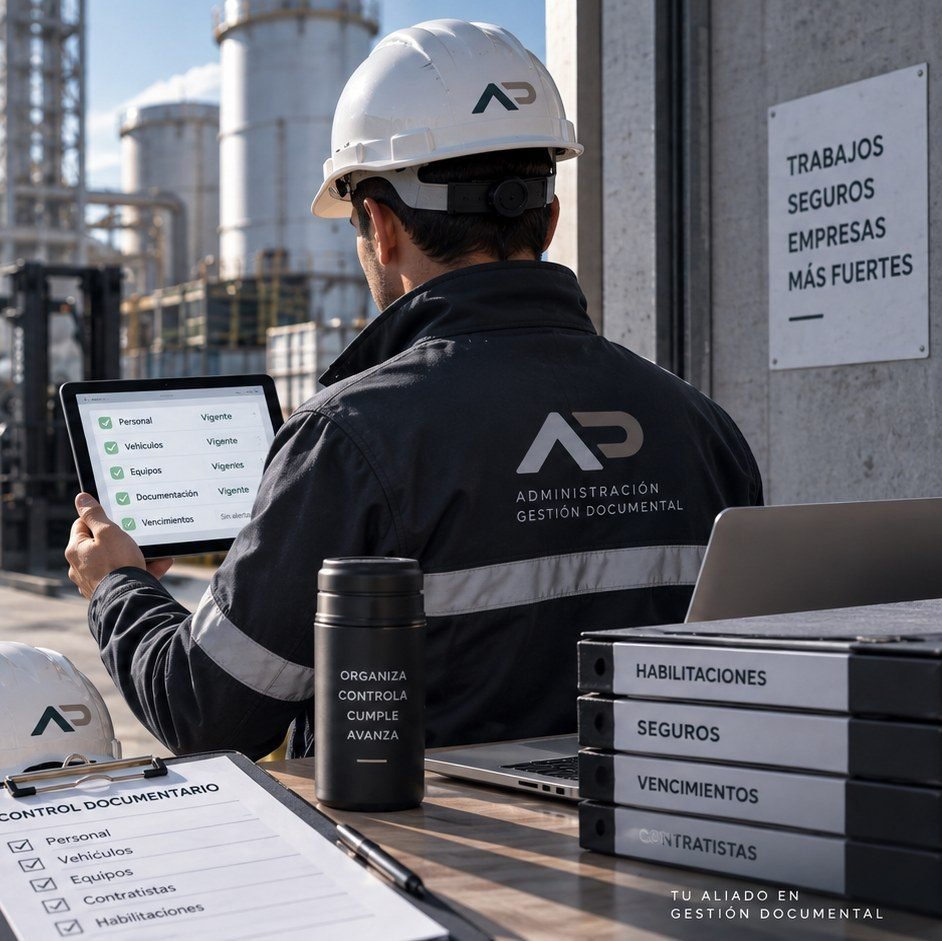 Profesional revisando documentación de contratistas en una tablet, en planta industrial